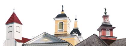 En hopklippt bild som visar kyrktornen på Bergö kyrka, Malax kyrka och Petalax kyrka.